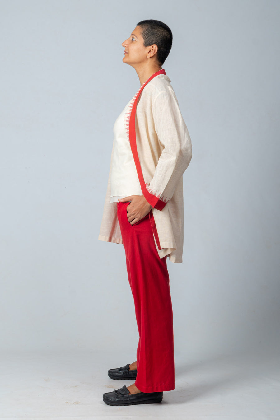 Off White Organic Cotton Top, Red Trousers and temple border jacket - JOWAKI SET