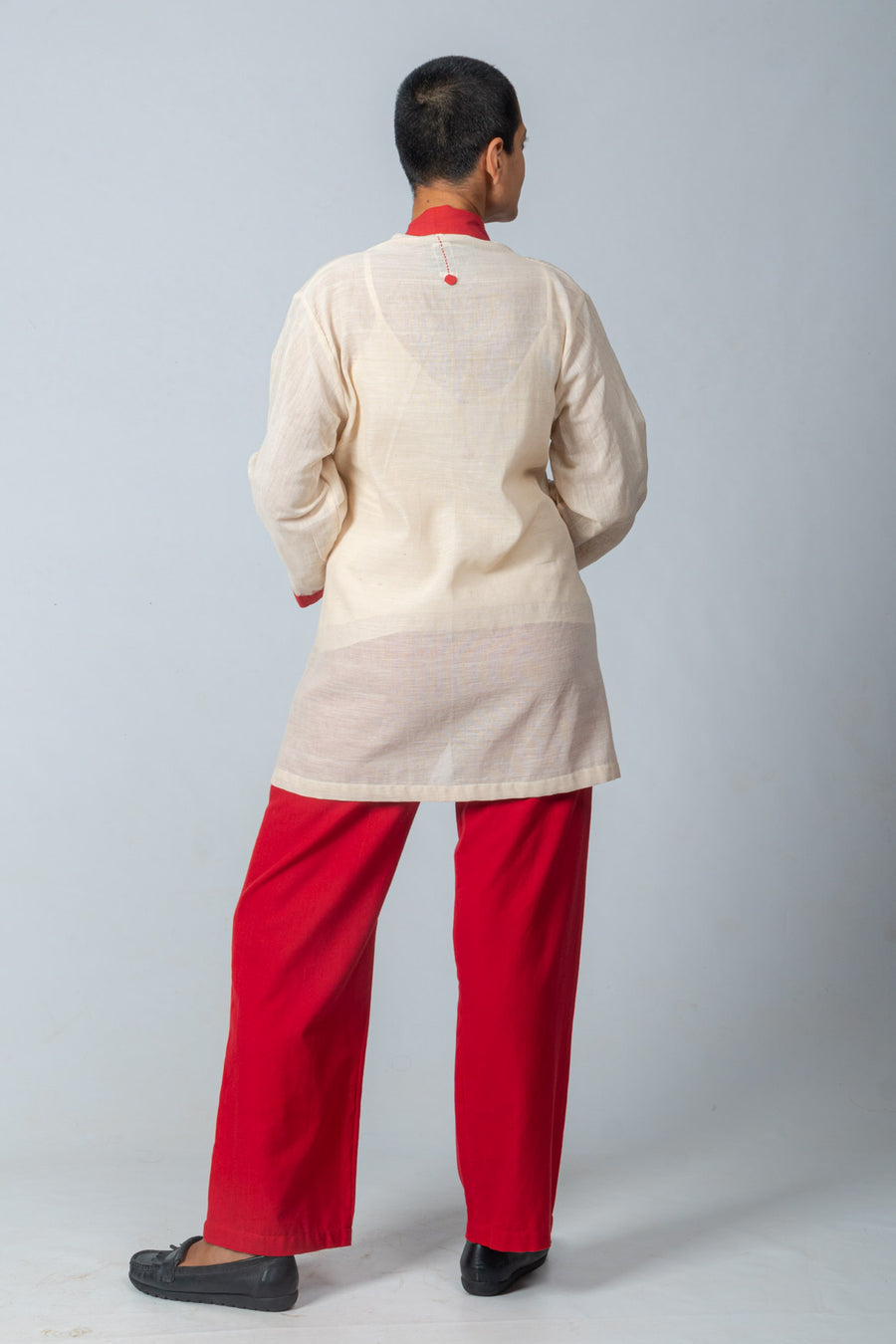 Set of 3- Red Temple Border Jamdani Jacket, Organic cotton Top & Pants