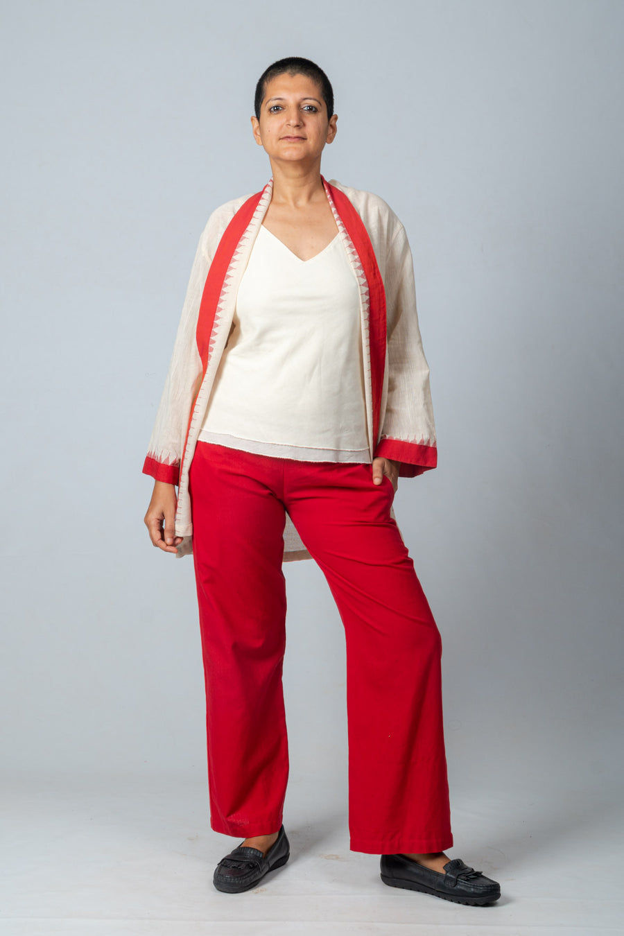 Set of 3- Red Temple Border Jamdani Jacket, Organic cotton Top & Pants