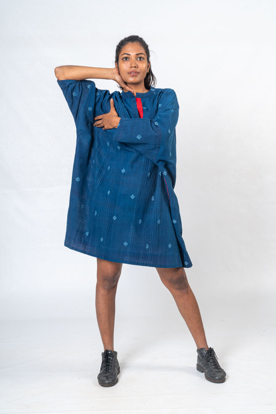 Indigo Handwoven Khadi Jamdani Dress- MUKTA