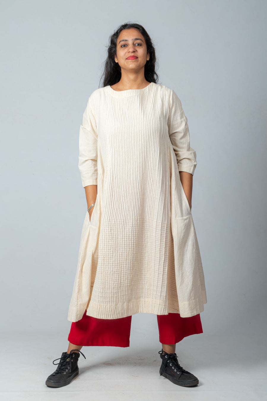 Off white Organic Pintuck Cotton top with Red Pants - SAYALI SET