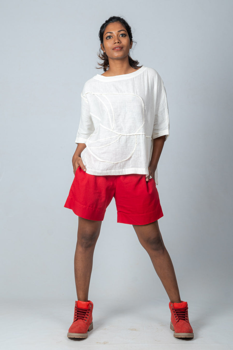 Off White Khadi Top with Red Shorts- SUSAN LIMA SET