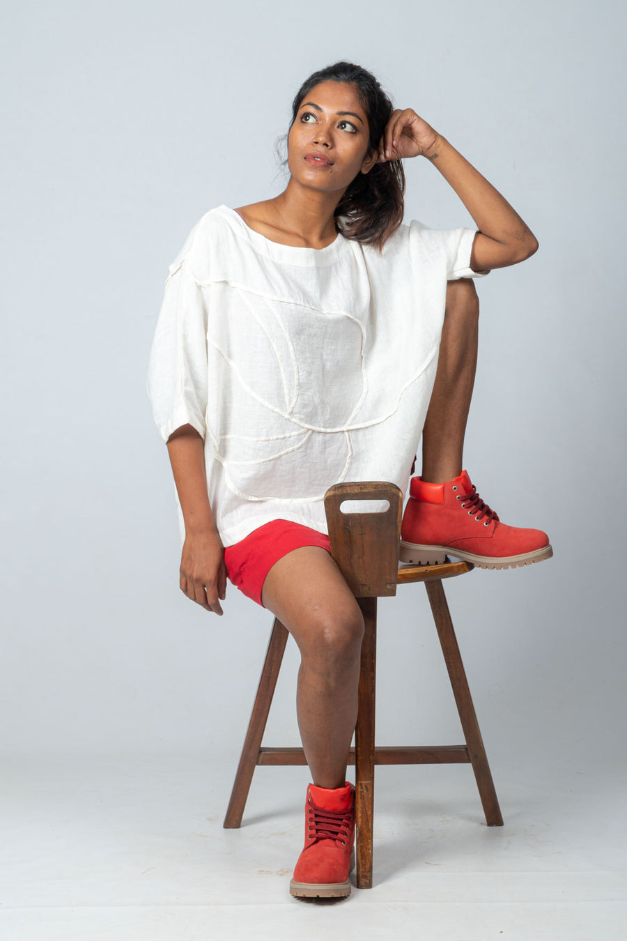 Set of 2-  Off White Khadi Embroidered Top & Red Shorts