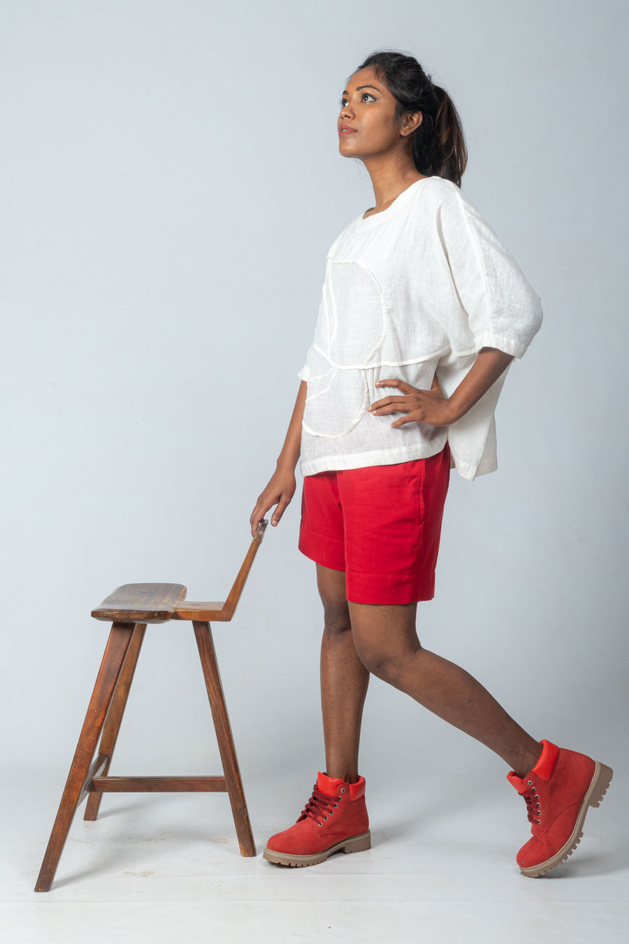 Set of 2-  Off White Khadi Embroidered Top & Red Shorts