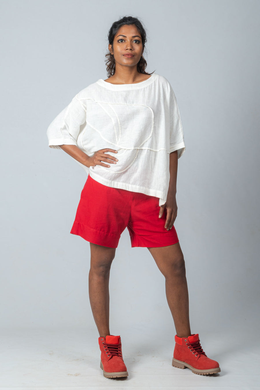 Set of 2-  Off White Khadi Embroidered Top & Red Shorts