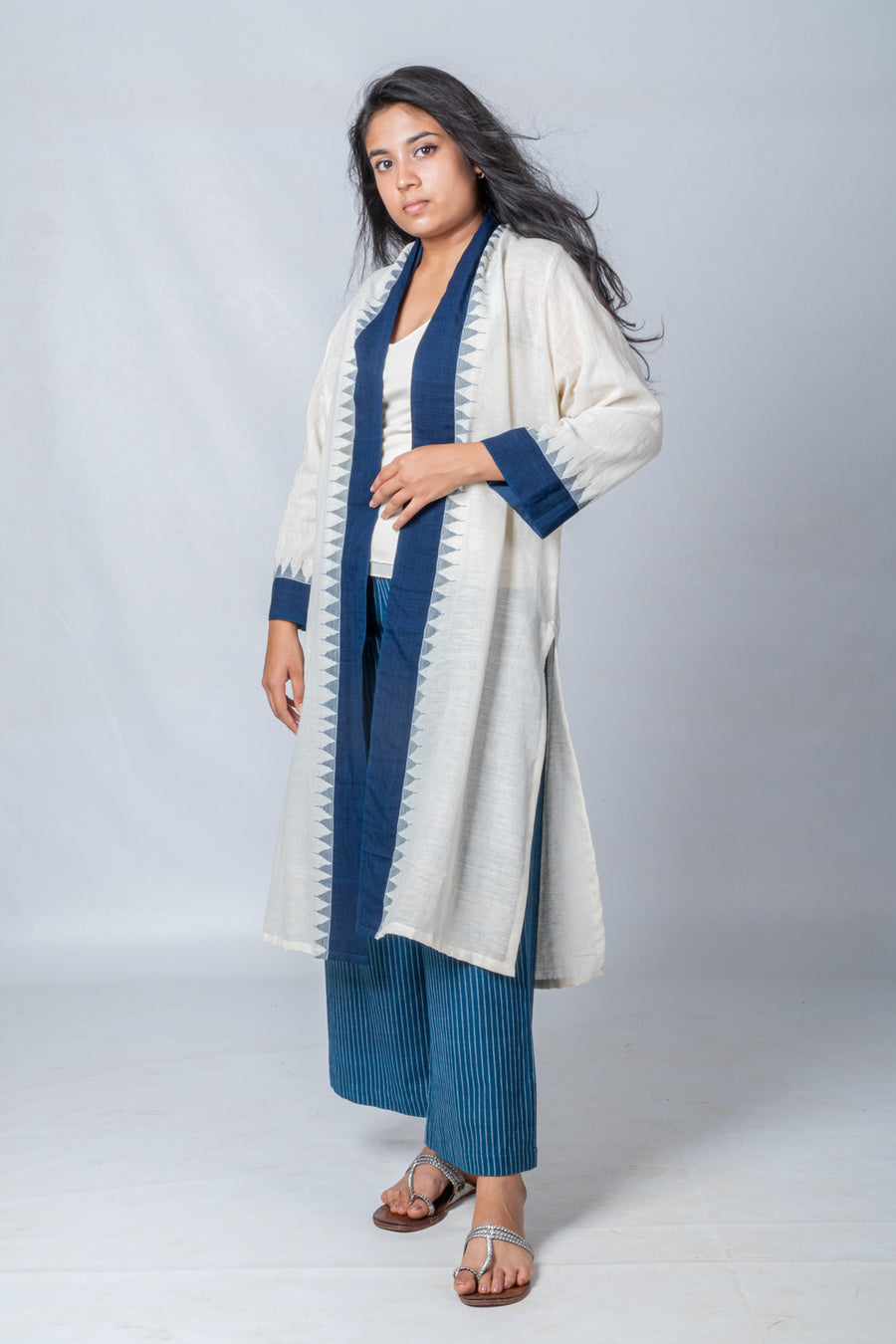 Set of 3- Blue Khadi Jamdani Jacket, Organic Cotton Pant & Top