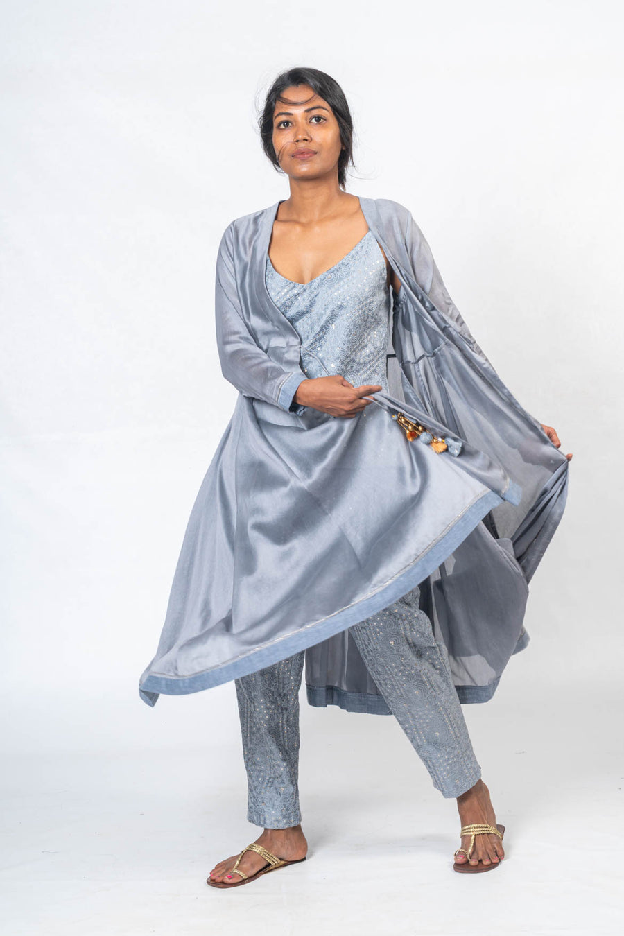 Set of 3- Dhanushakti Embroidered Chanderi Silk Jacket, Top & Trousers