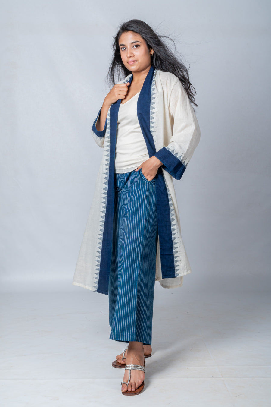 Set of 3- Blue Khadi Jamdani Jacket, Organic Cotton Pant & Top