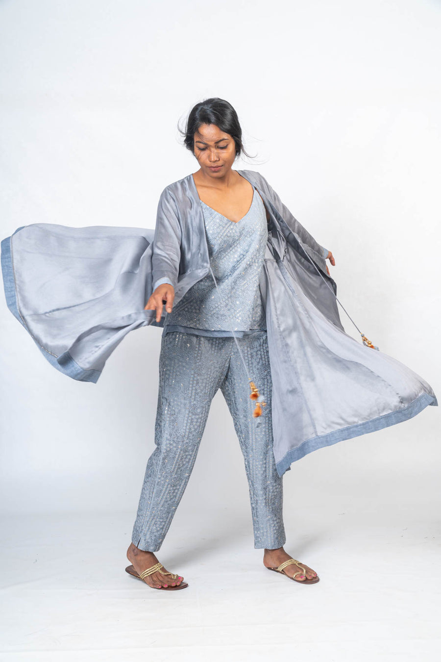 Set of 3- Dhanushakti Embroidered Chanderi Silk Jacket, Top & Trousers