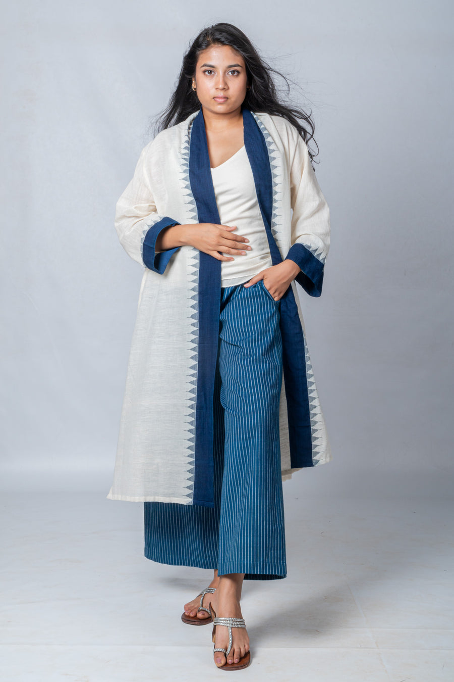Set of 3- Blue Khadi Jamdani Jacket, Organic Cotton Pant & Top