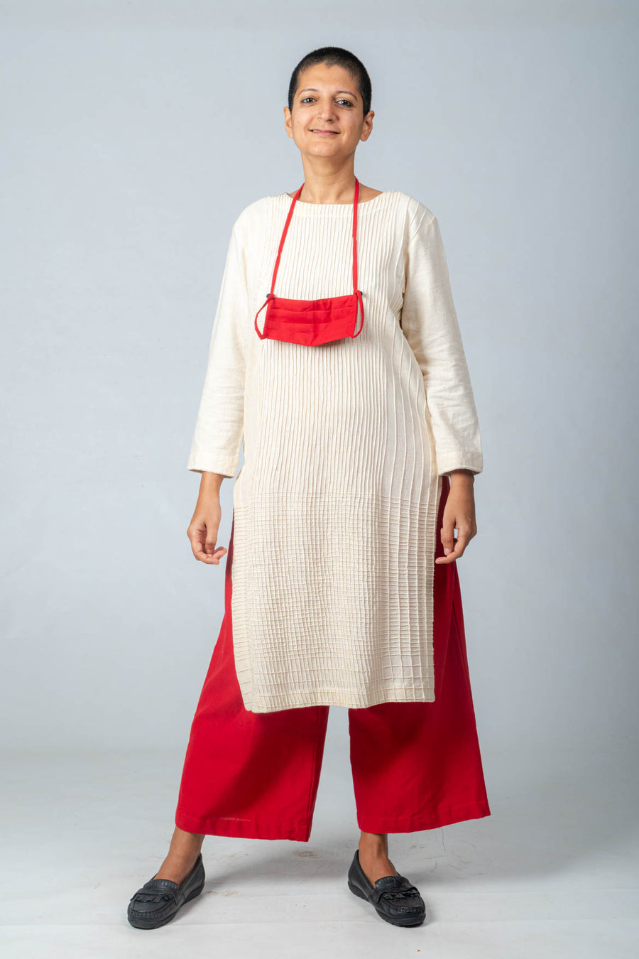 Khadi Kurta- PURTI - Off White  red Desi Cotton