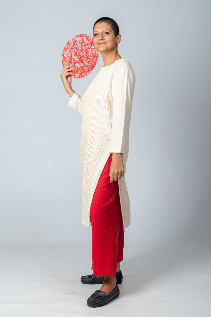 Khadi Kurta- PURTI - Off White  red Desi Cotton