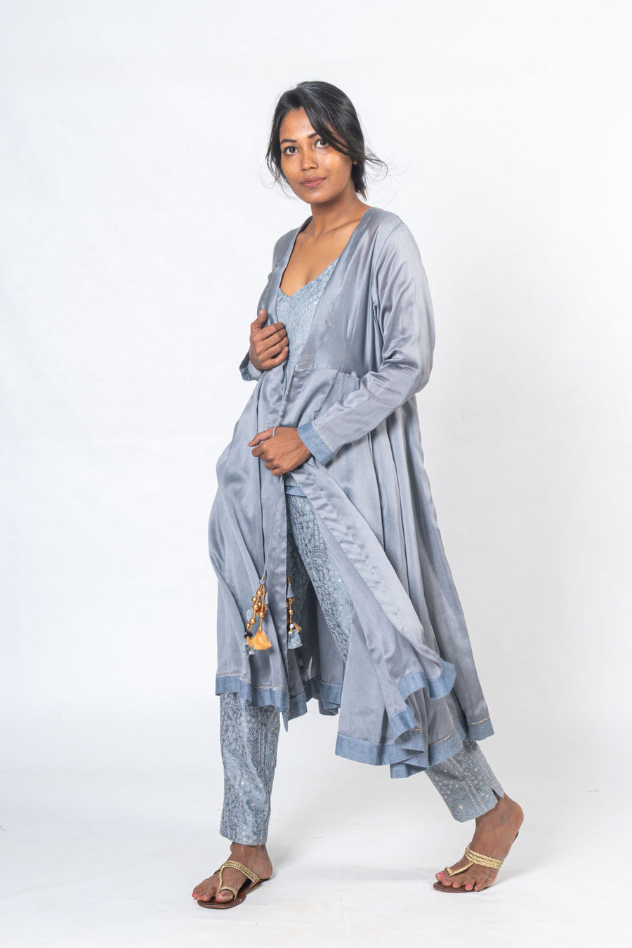 Set of 3- Dhanushakti Embroidered Chanderi Silk Jacket, Top & Trousers