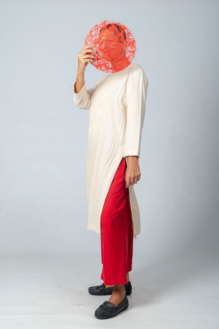 Set of 2- Natural Khadi Pintuck Kurta & Red Trousers