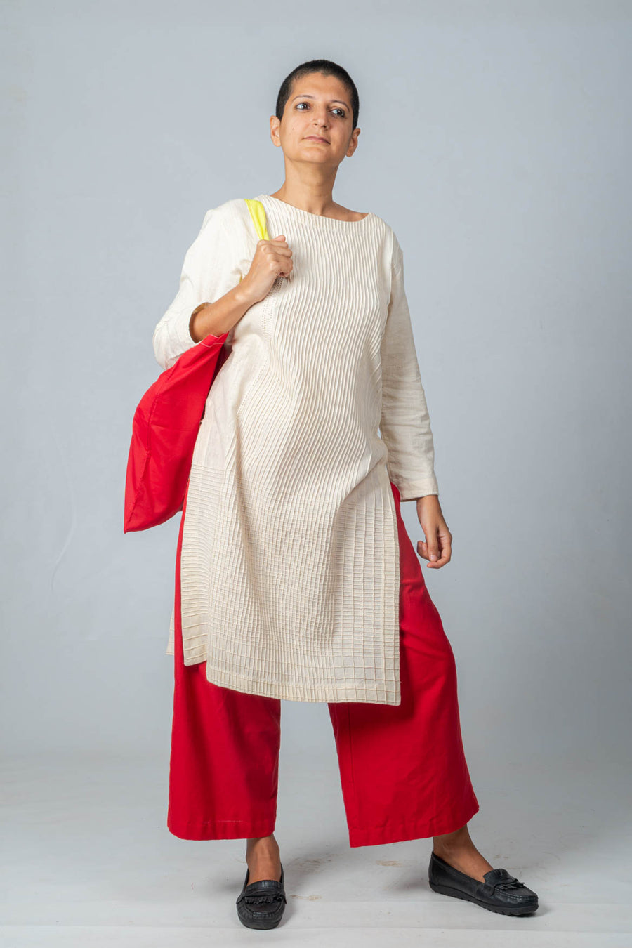 Khadi Kurta- PURTI - Off White  red Desi Cotton