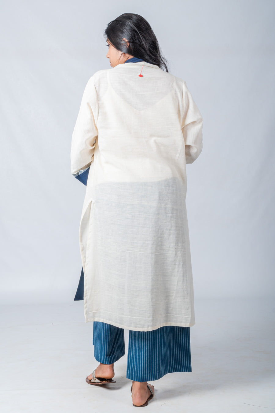 Set of 3- Blue Khadi Jamdani Jacket, Organic Cotton Pant & Top