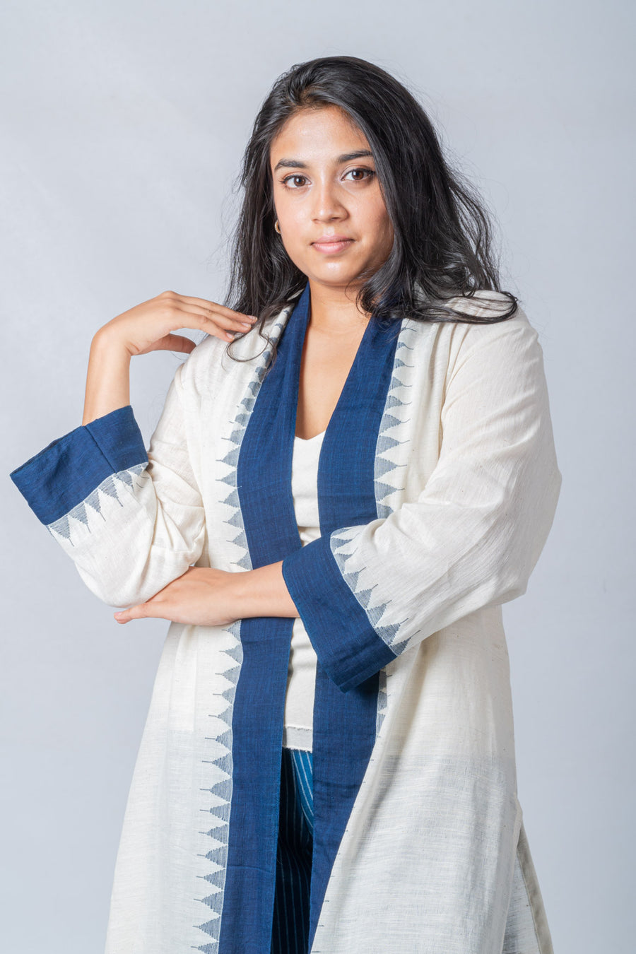 Set of 3- Blue Khadi Jamdani Jacket, Organic Cotton Pant & Top