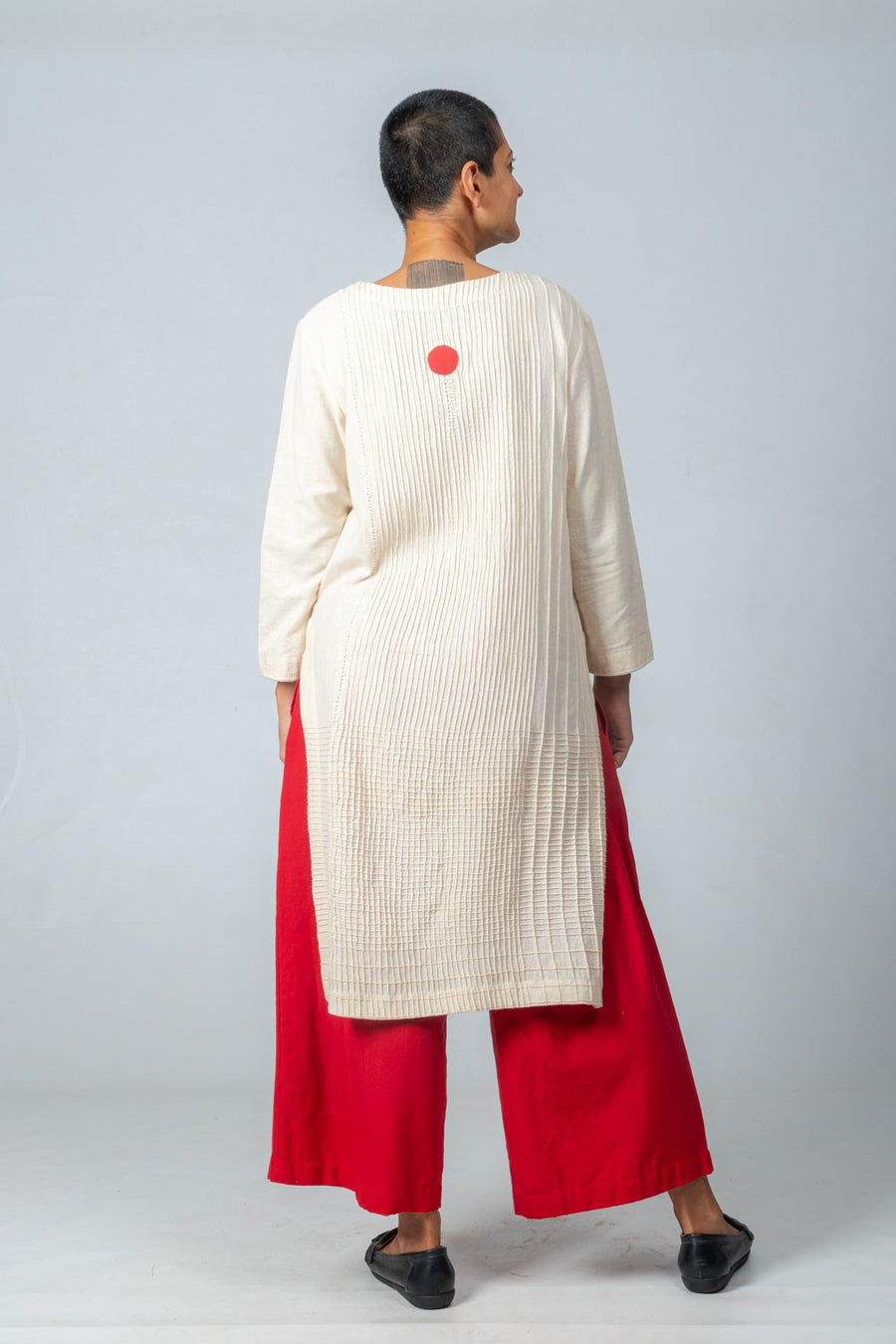 Off White Pintuck Khadi Kurta with Red Rope Trousers -  PRATIKA SET
