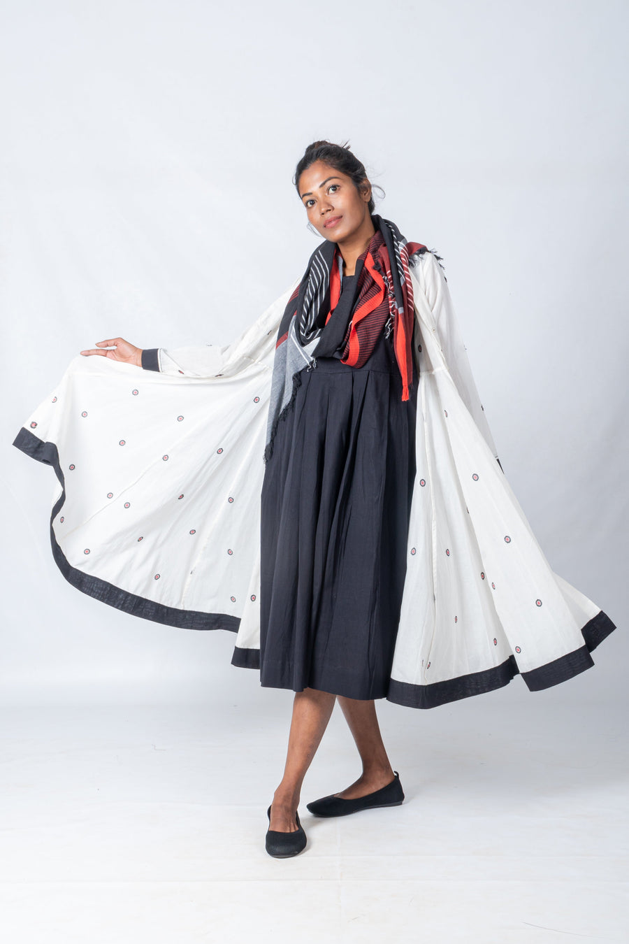 Black Jamdani Jacket with Organic Cotton Dress and Scarf Accessory  - NEELANJANA SET