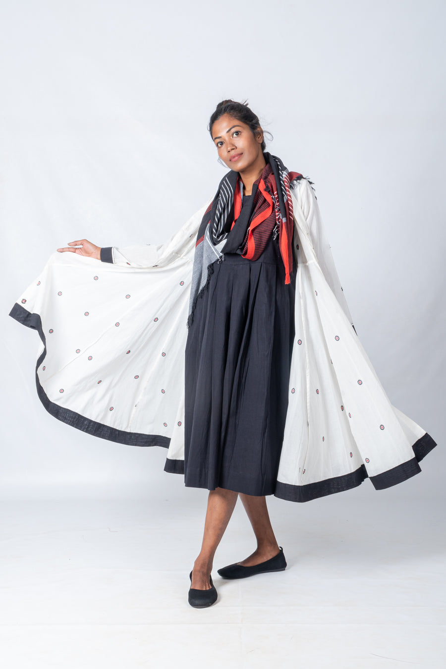 Set of 3- Handspun Jamdani Jacket, Organic Cotton Dress & Scarf