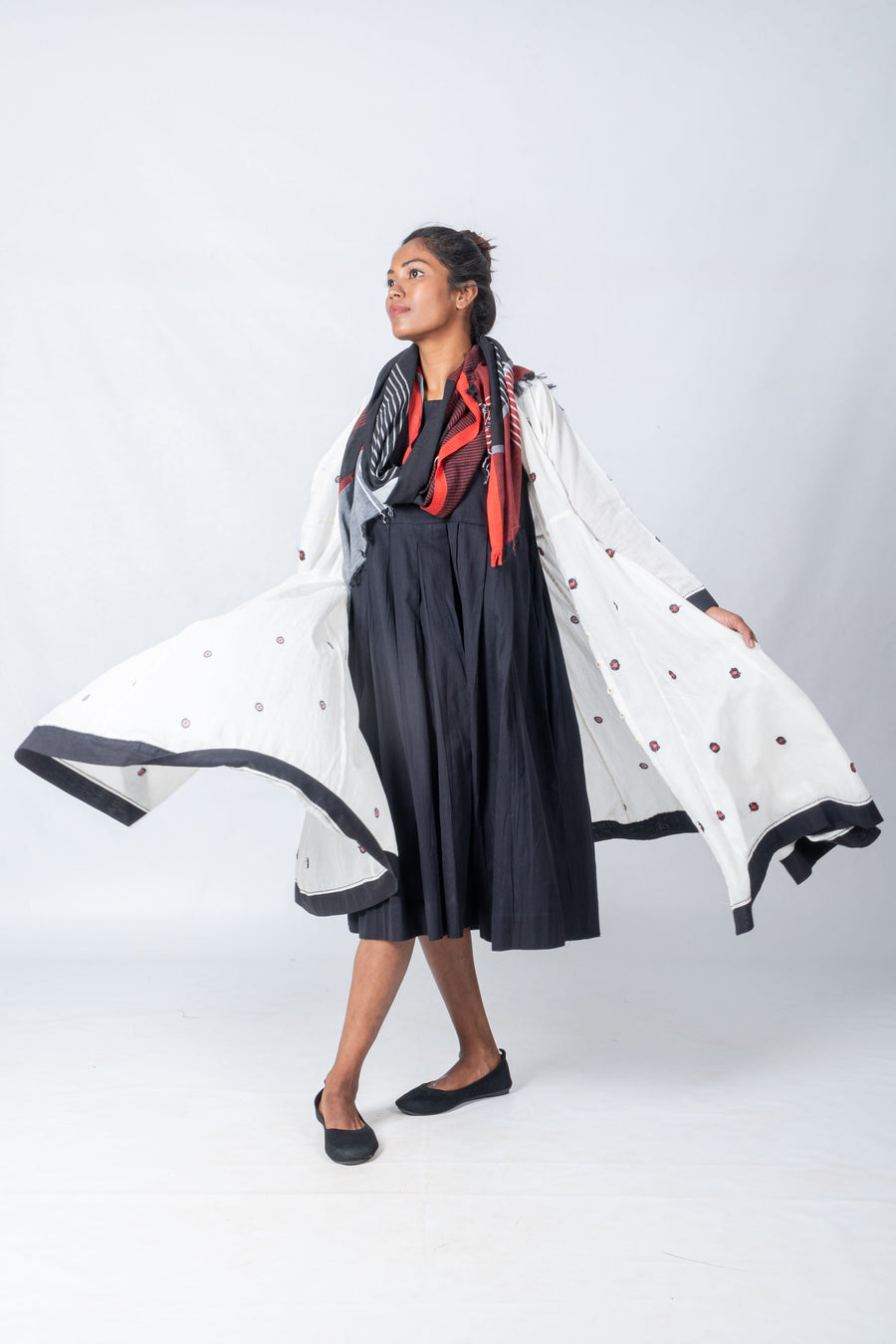 Black Jamdani Jacket with Organic Cotton Dress and Scarf Accessory  - NEELANJANA SET