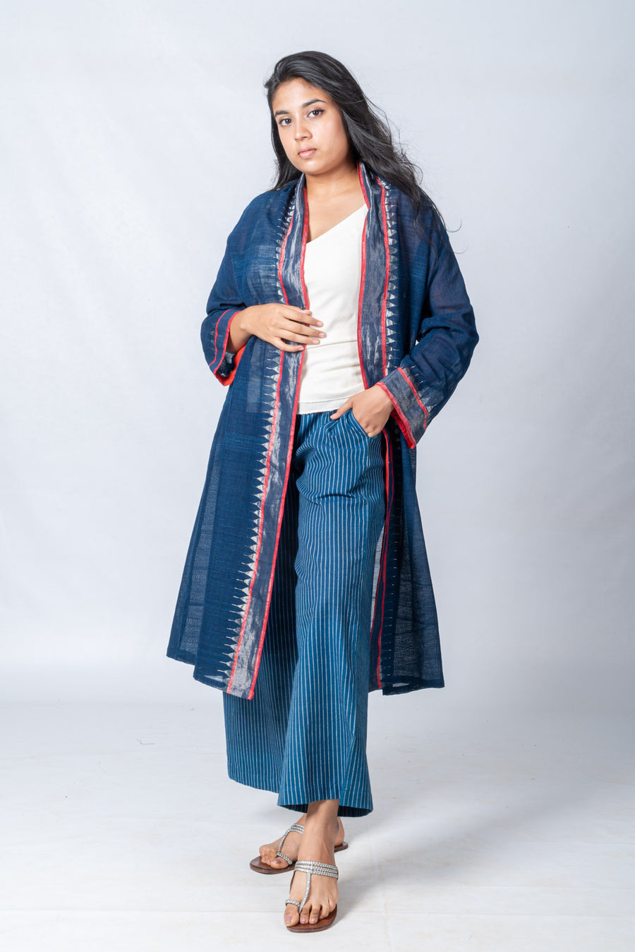 Indigo Silver Temple Border Jacket  - NEELISHA SET