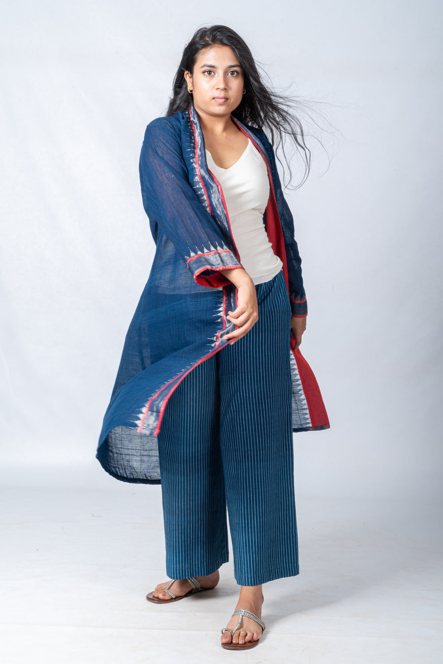 Set of 3- Neelisha Indigo Jamdani Jacket, Top & Pants