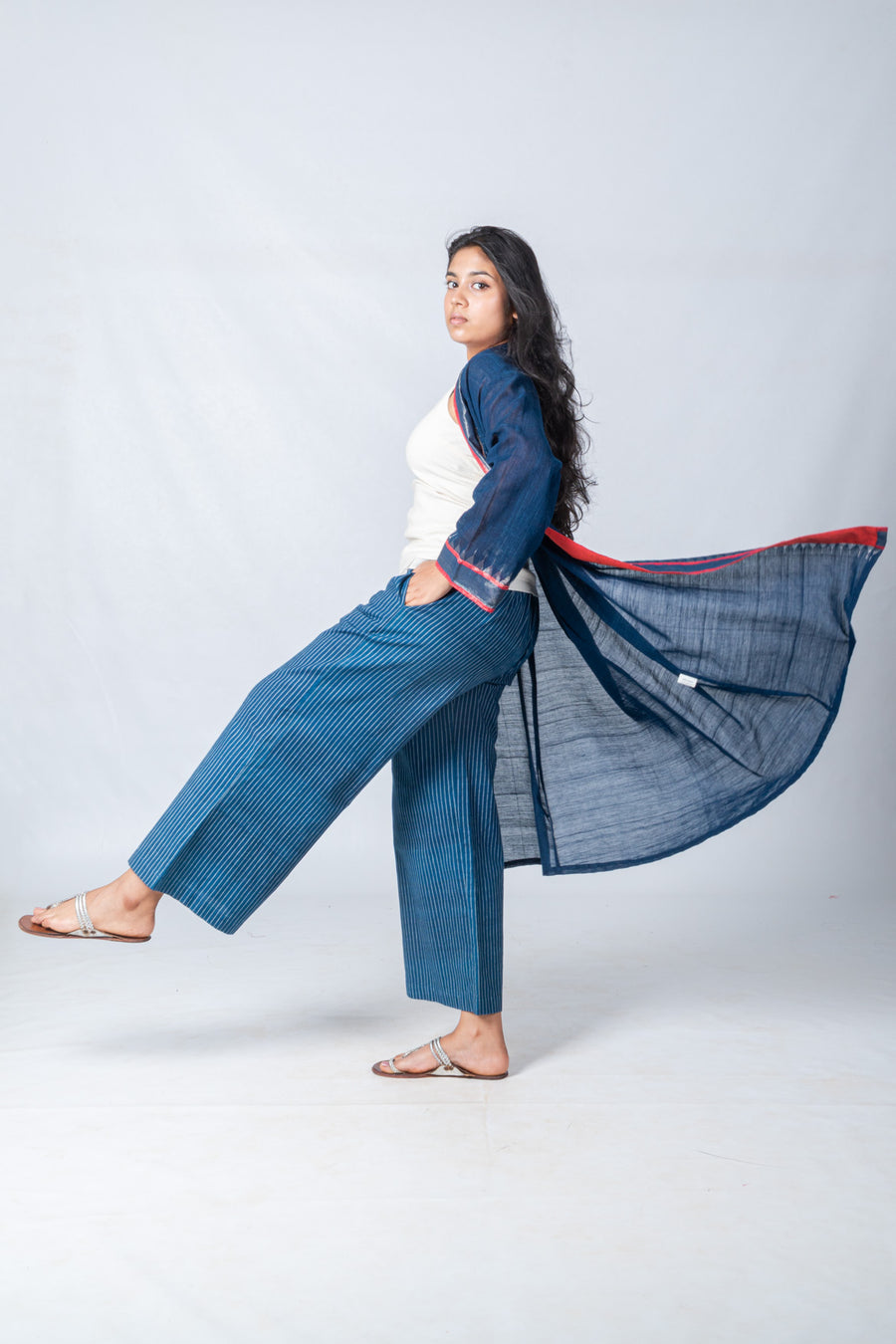 Set of 3- Neelisha Indigo Jamdani Jacket, Top & Pants