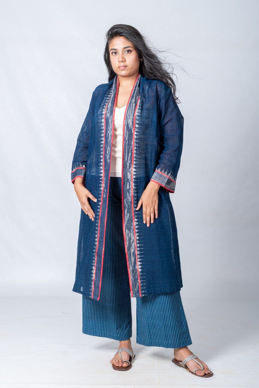 Indigo Silver Temple Border Jacket  - NEELISHA SET