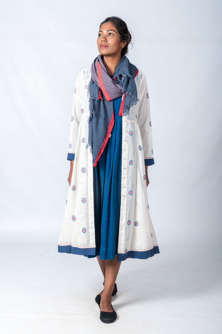Set of 3- Handspun Jamdani Jacket, Organic Cotton Dress & Scarf