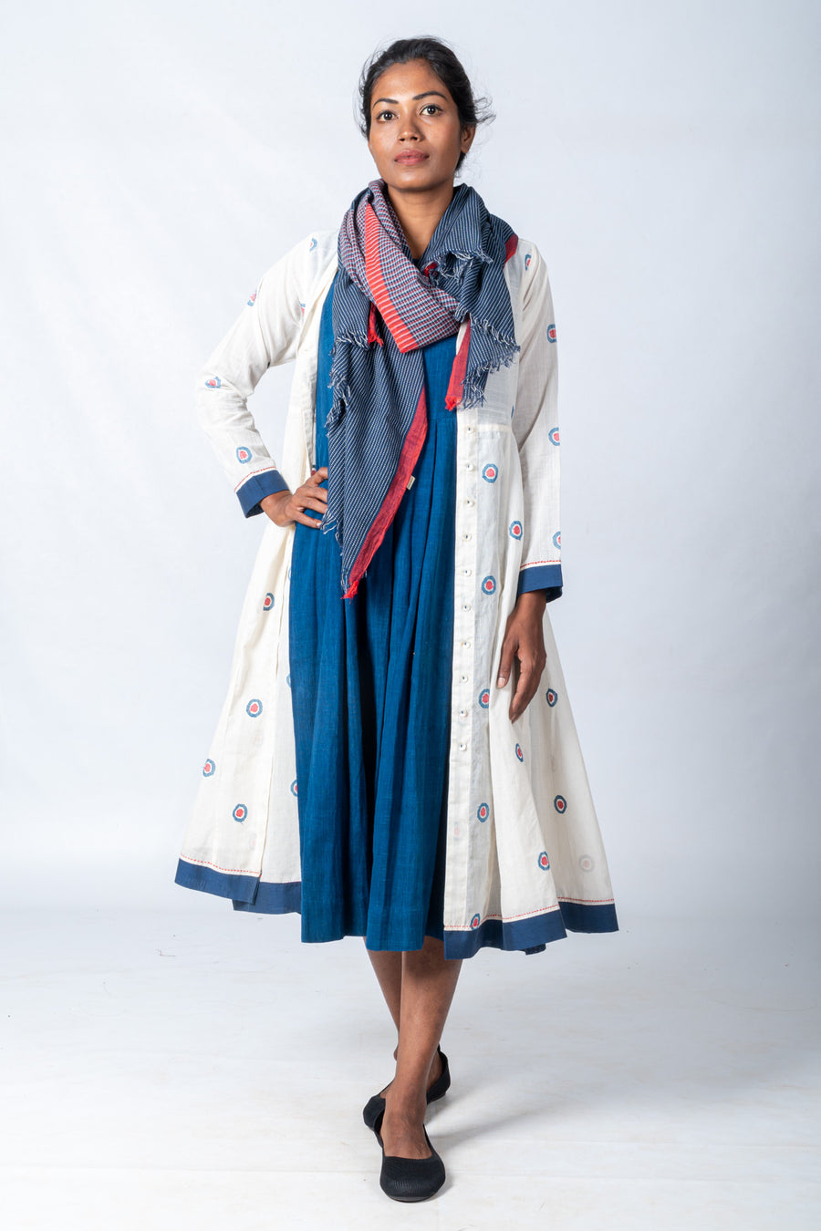 Set of 3- Handspun Jamdani Jacket, Organic Cotton Dress & Scarf