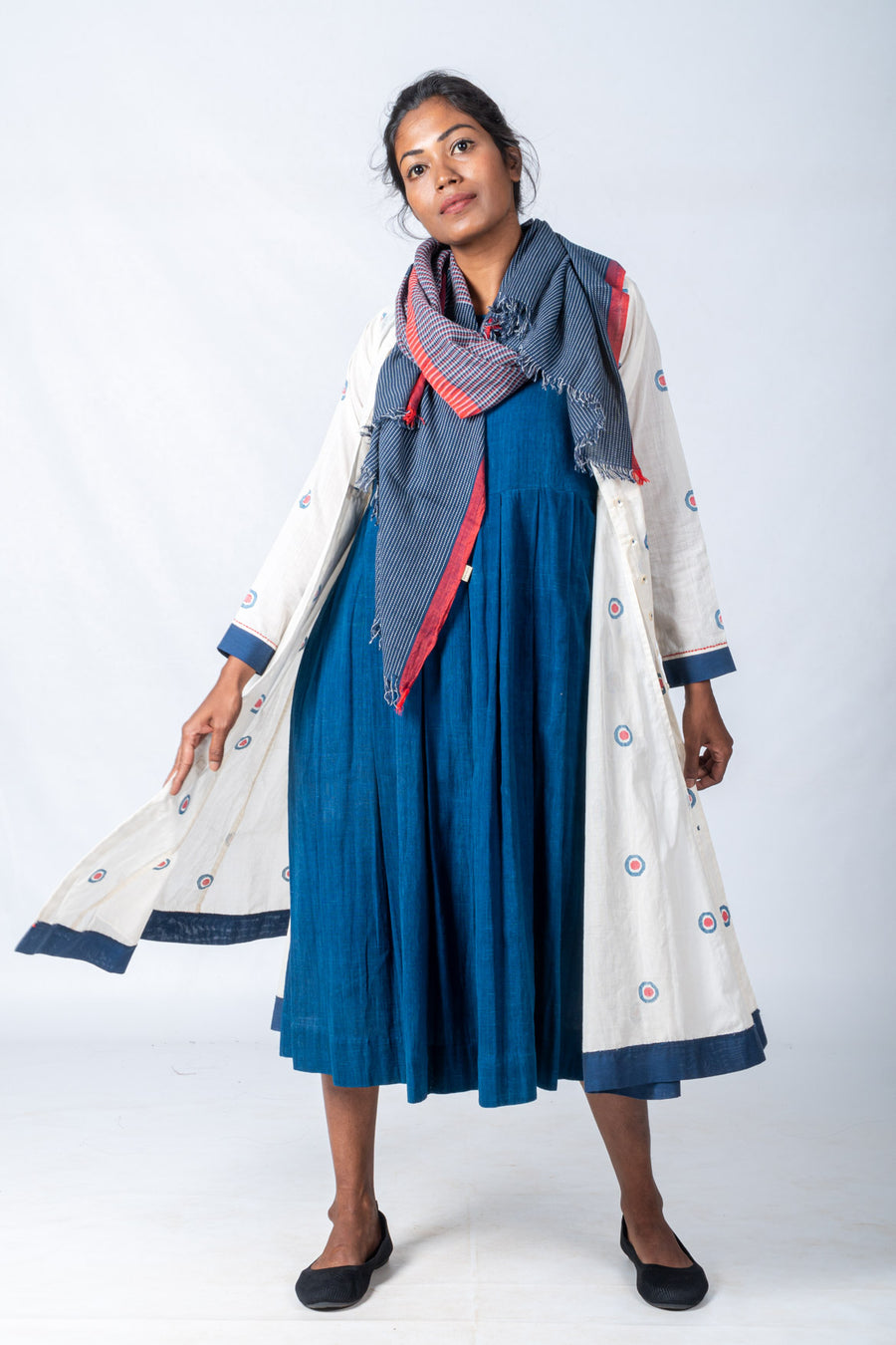 Set of 3- Handspun Jamdani Jacket, Organic Cotton Dress & Scarf