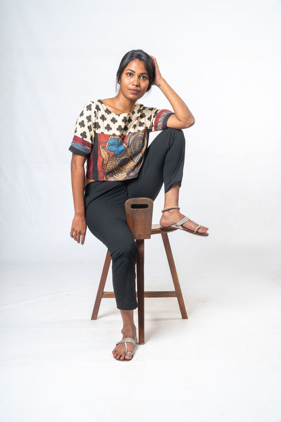 Handblock Printed with Handpainted Kalamkari Panel Off White Top- KUTTY
