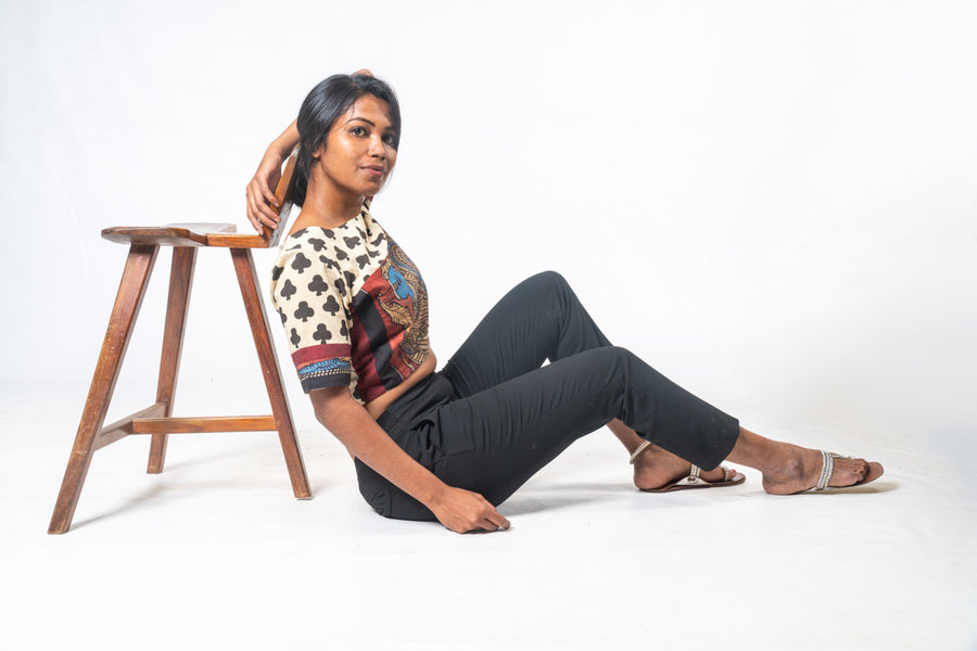 Handblock Printed with Handpainted Kalamkari Panel Off White Top- KUTTY