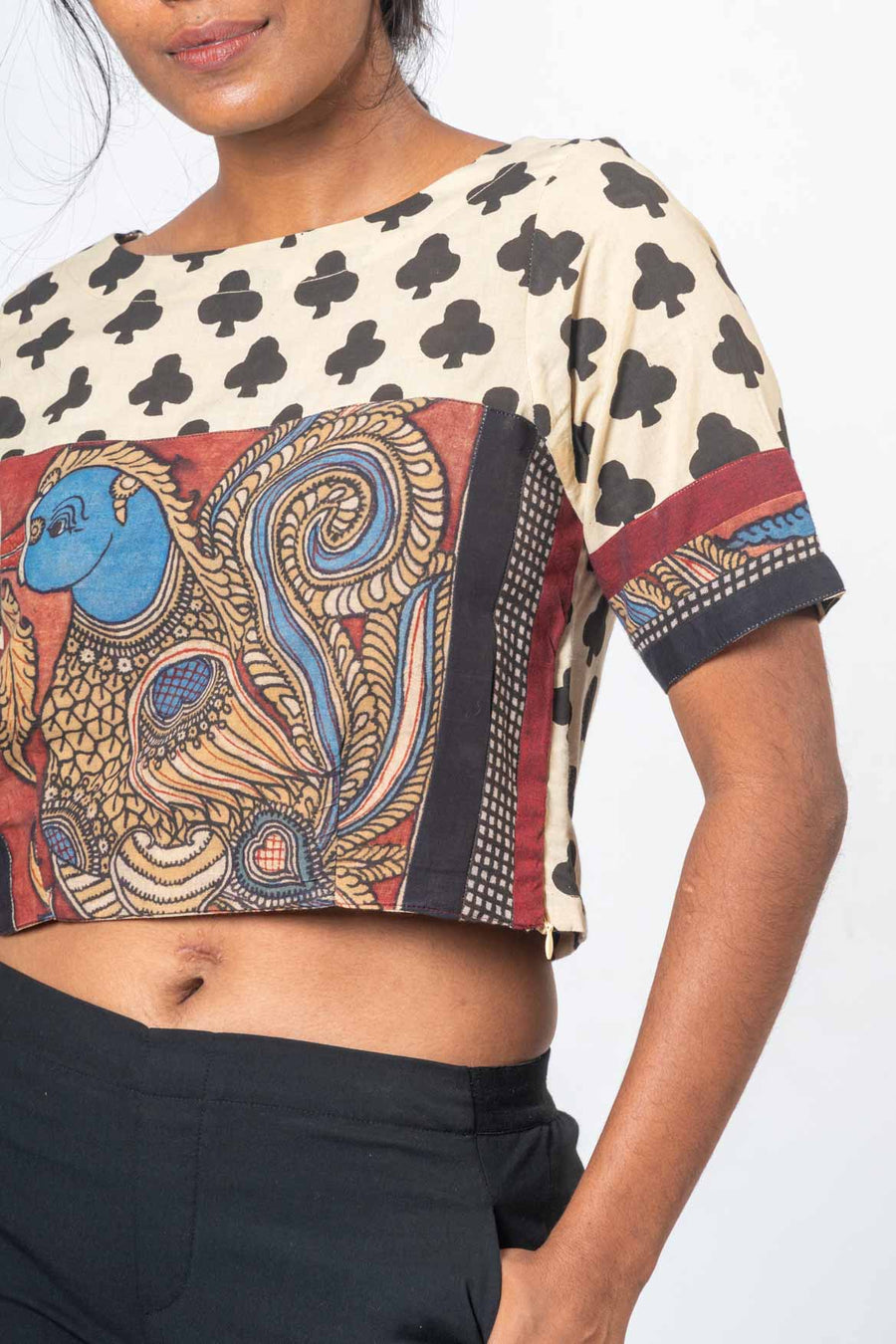 Handblock Printed with Handpainted Kalamkari Panel Off White Top- KUTTY