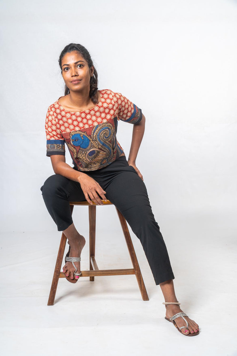 Handblock Printed with Handpainted Kalamkari Panel Orange Top- KUTTY