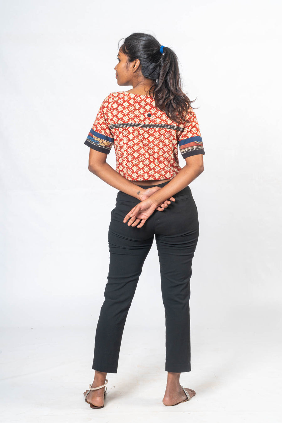 Handblock Printed with Handpainted Kalamkari Panel Orange Top- KUTTY