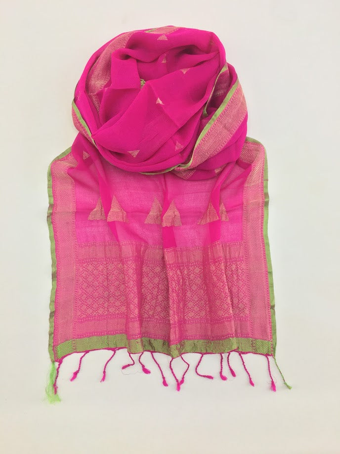 Pink and Gold with Green borders Varanasi Silk Scarf Gift Box - Upasana Design Studio