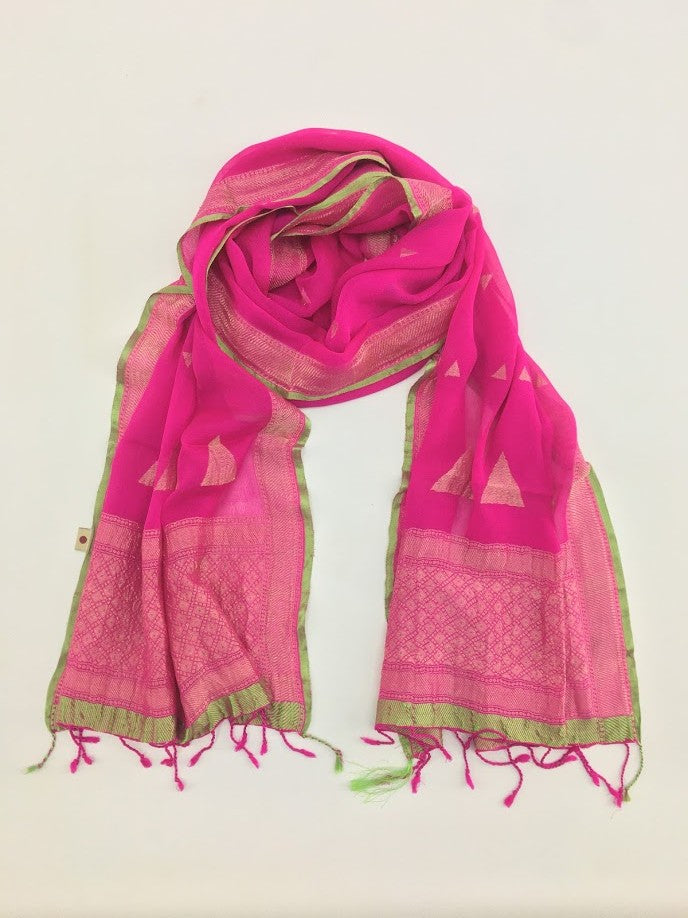 Pink and Gold with Green borders Varanasi Silk Scarf Gift Box - Upasana Design Studio
