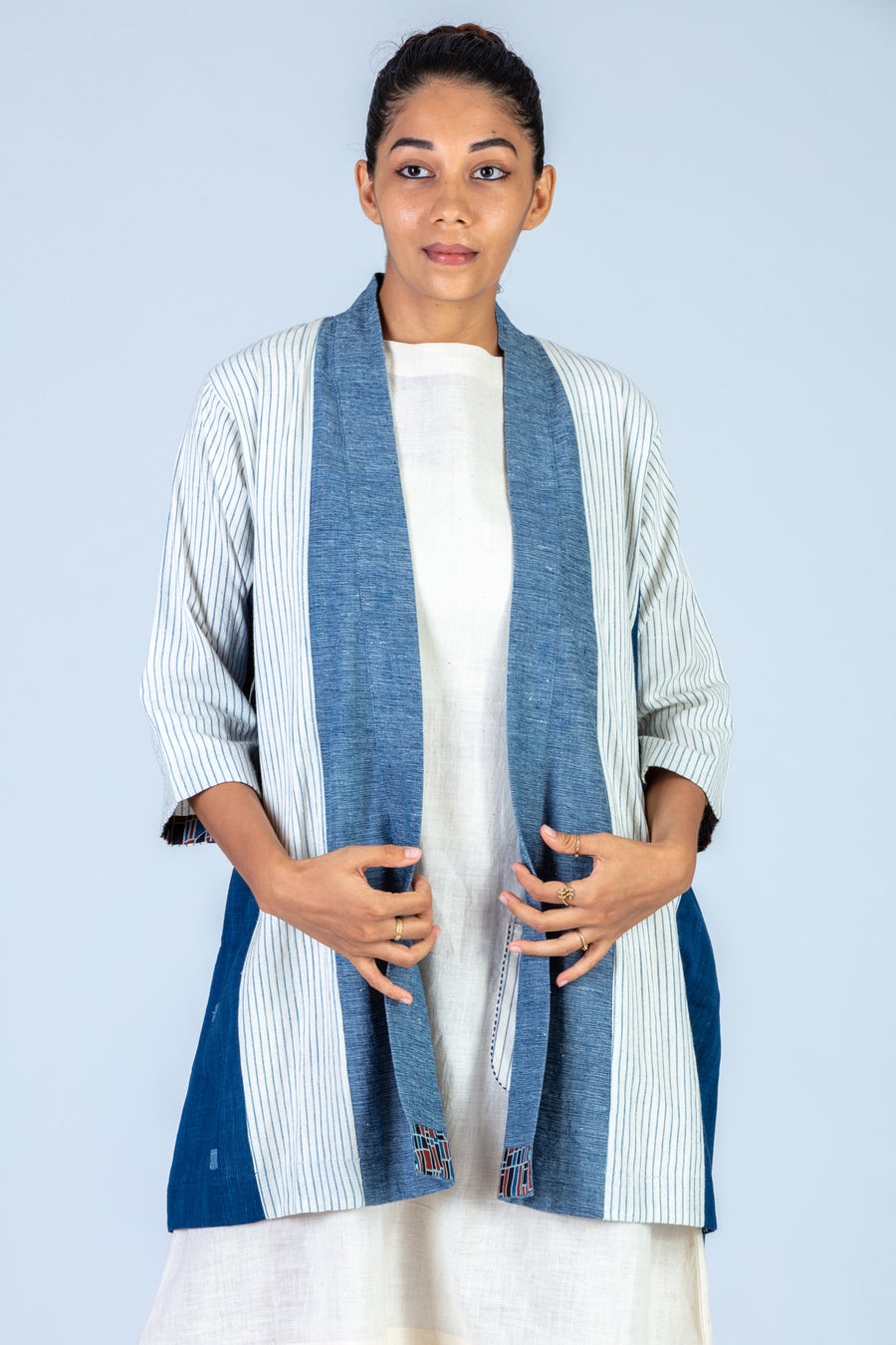 Blue Organic cotton and Natural indigo dyed Khadi Jamdani Jacket - HANA - Upasana Design Studio