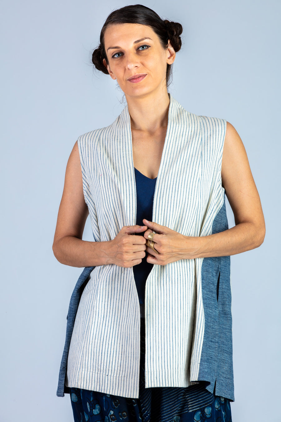 White and blue Organic cotton Jacket - NIYATI - Upasana Design Studio