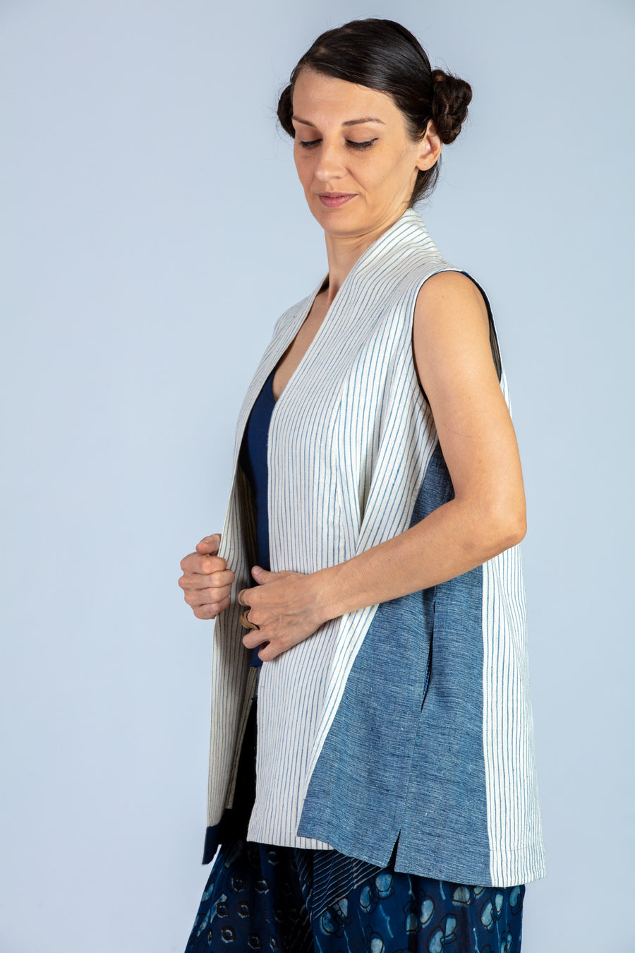 White and blue Organic cotton Jacket - NIYATI - Upasana Design Studio