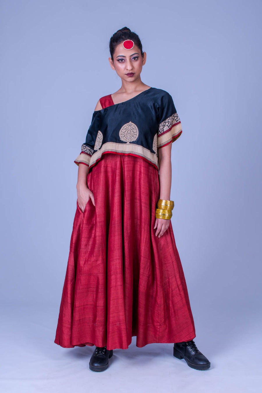 Set of 2- Tussar Dress & Jamdani Drop Shoulder Top