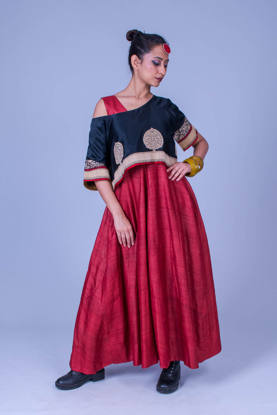 Set of 2- Tussar Dress & Jamdani Drop Shoulder Top