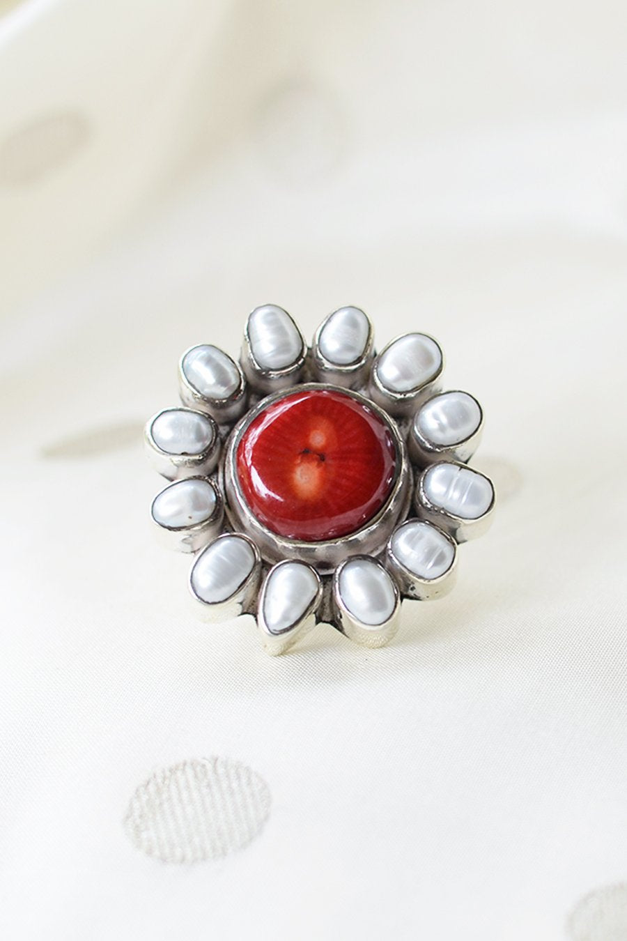 Red Coral with Twelve Pearls - Silver Ring