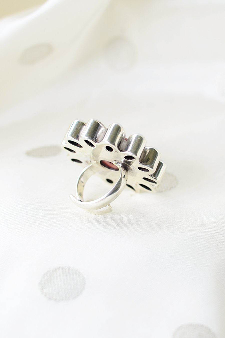 Red Coral with Twelve Pearls - Silver Ring