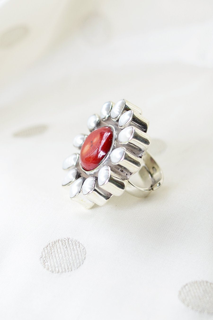 Red Coral with Twelve Pearls - Silver Ring