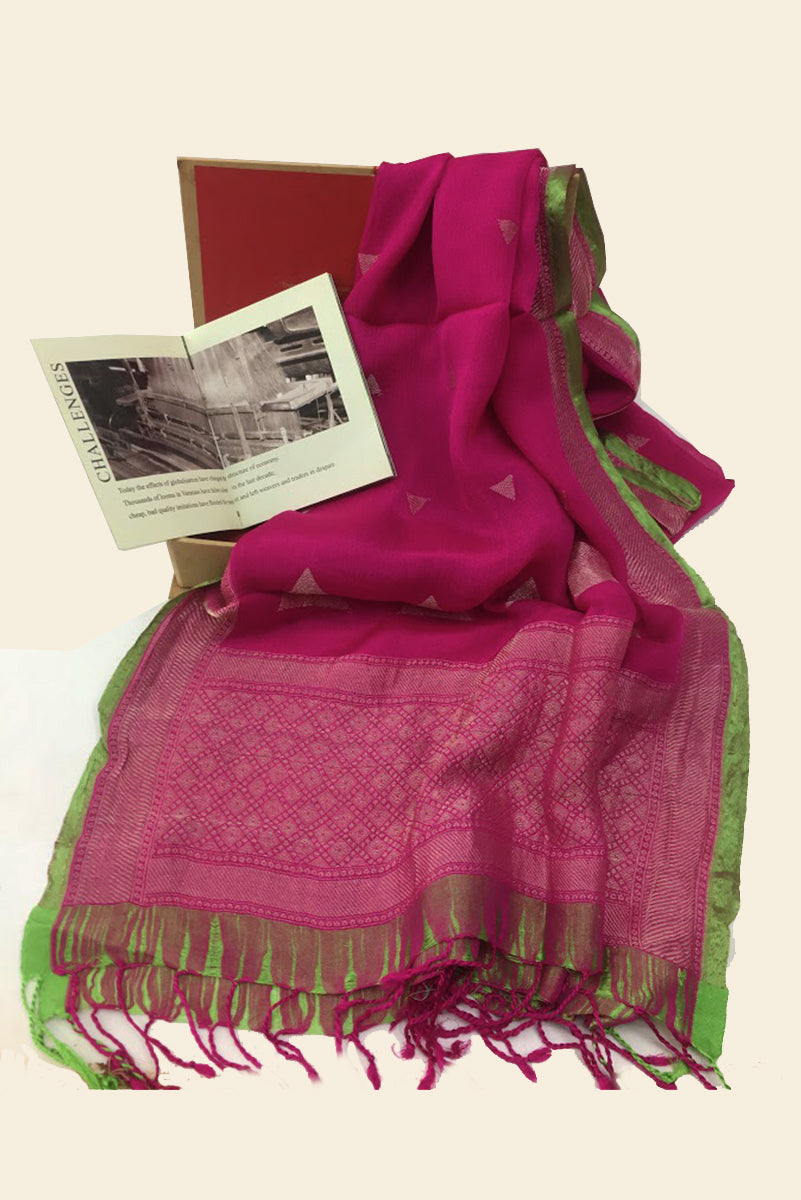 Pink and Gold with Green borders Varanasi Silk Scarf Gift Box - Upasana Design Studio