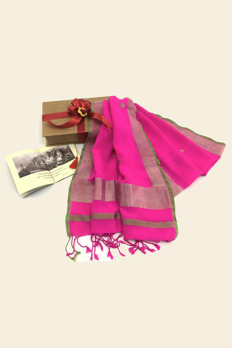 Pink and Gold Varanasi Silk Scarf Gift Box - Upasana Design Studio