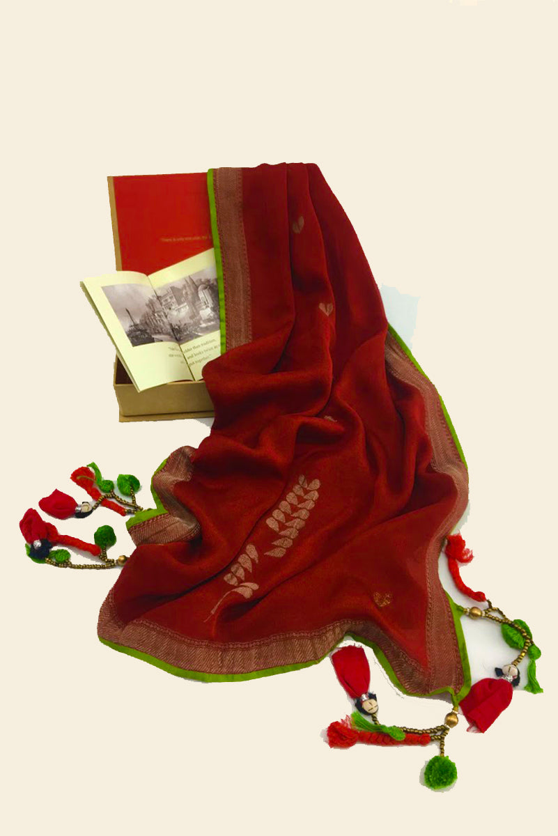 Red and Gold Varanasi Silk Scarf Gift Box - Upasana Design Studio